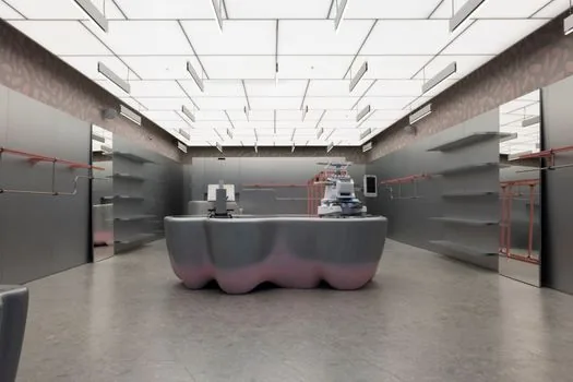 an empty retail shop interior being cleared out, bare walls and a few tools on the floor, dim natural light from the entrance, no people, editorial documentary photography