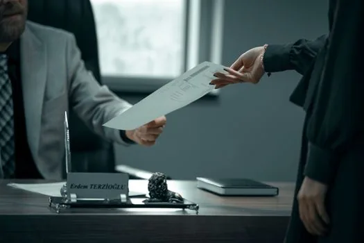 two people shaking hands over a desk in a small korean office, employment paperwork and laptop, natural window light, editorial photography, no text