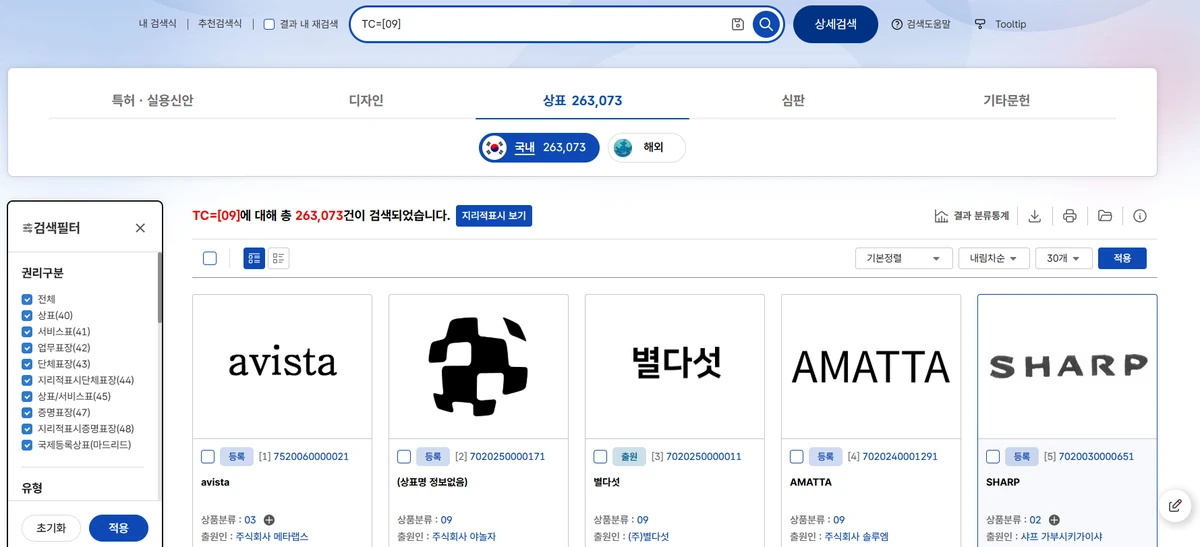KIPRIS 상표 분류 정보 검색결과 화면